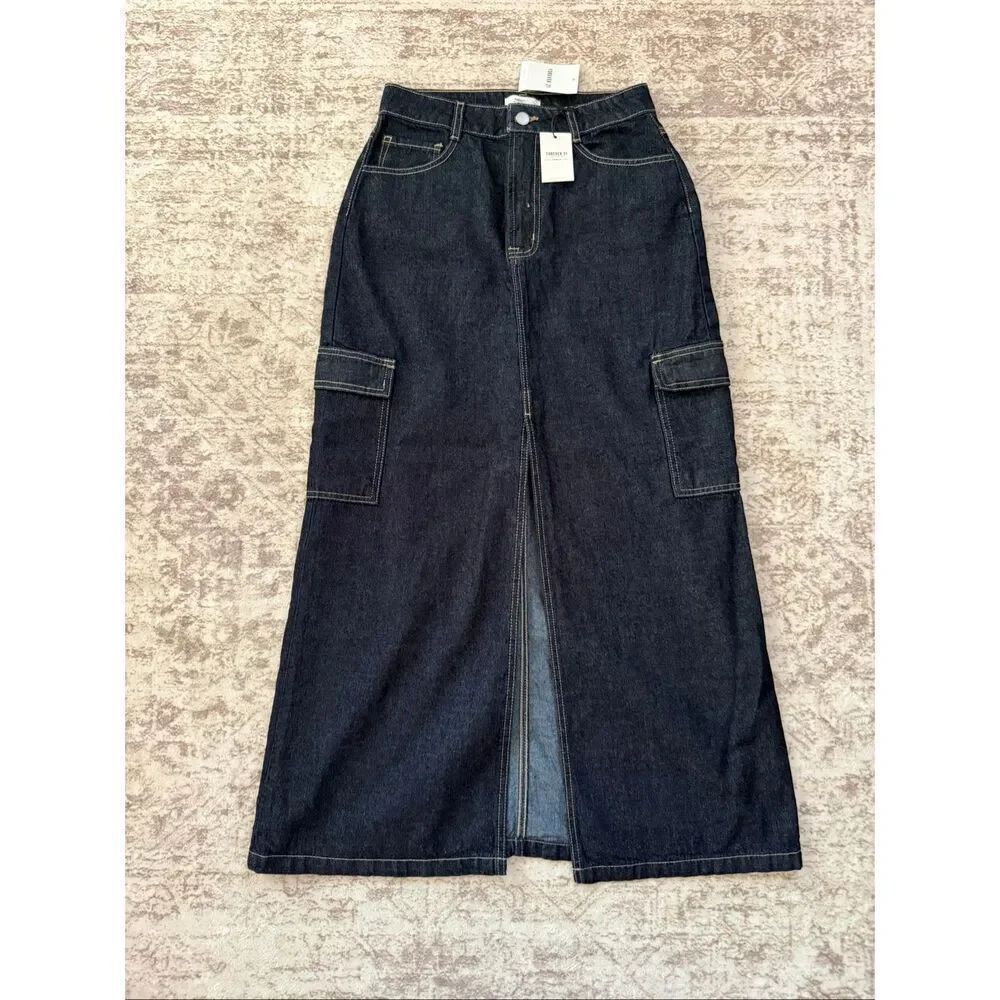 NWT Forever 21 Women's Denim Slit Front Cargo Maxi Skirt Dark Blue Size Medium